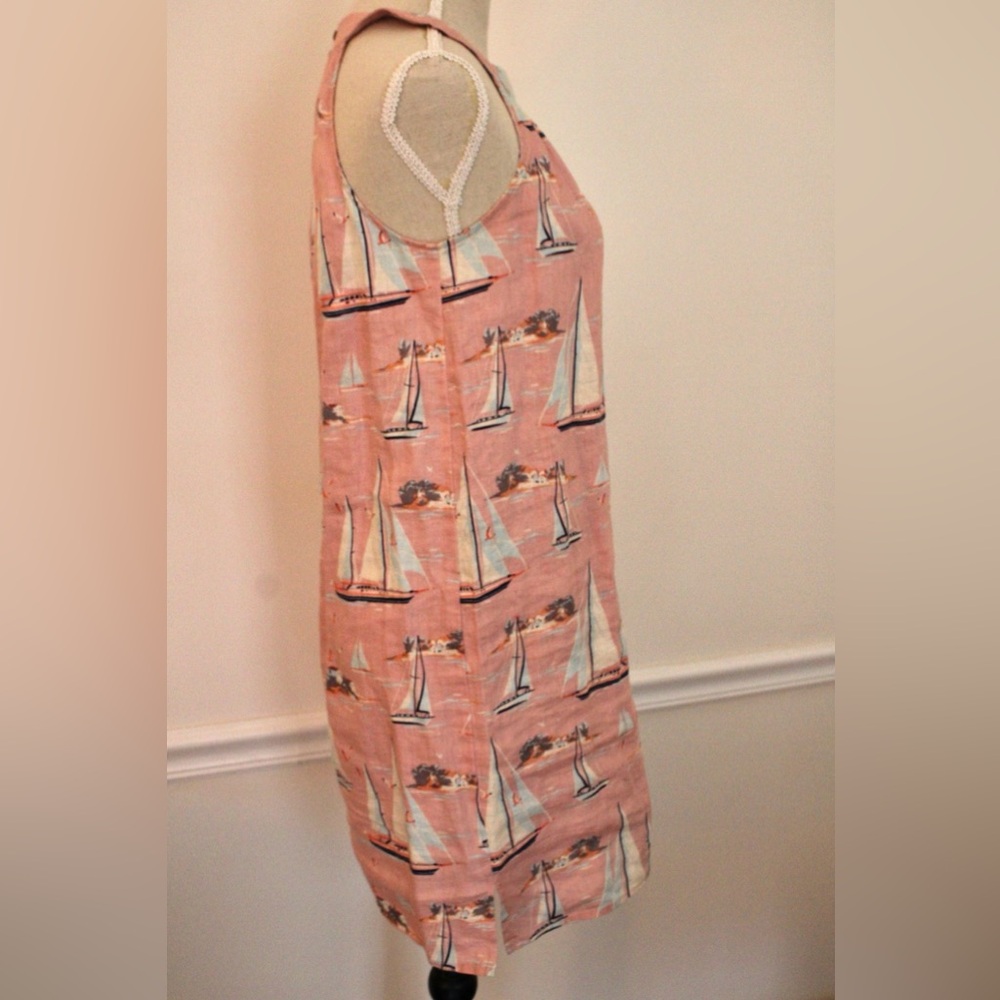 St. Tropez 100% Linen Pink White Sailboat Print Sleeveless Dress XS - Picture 5 of 14